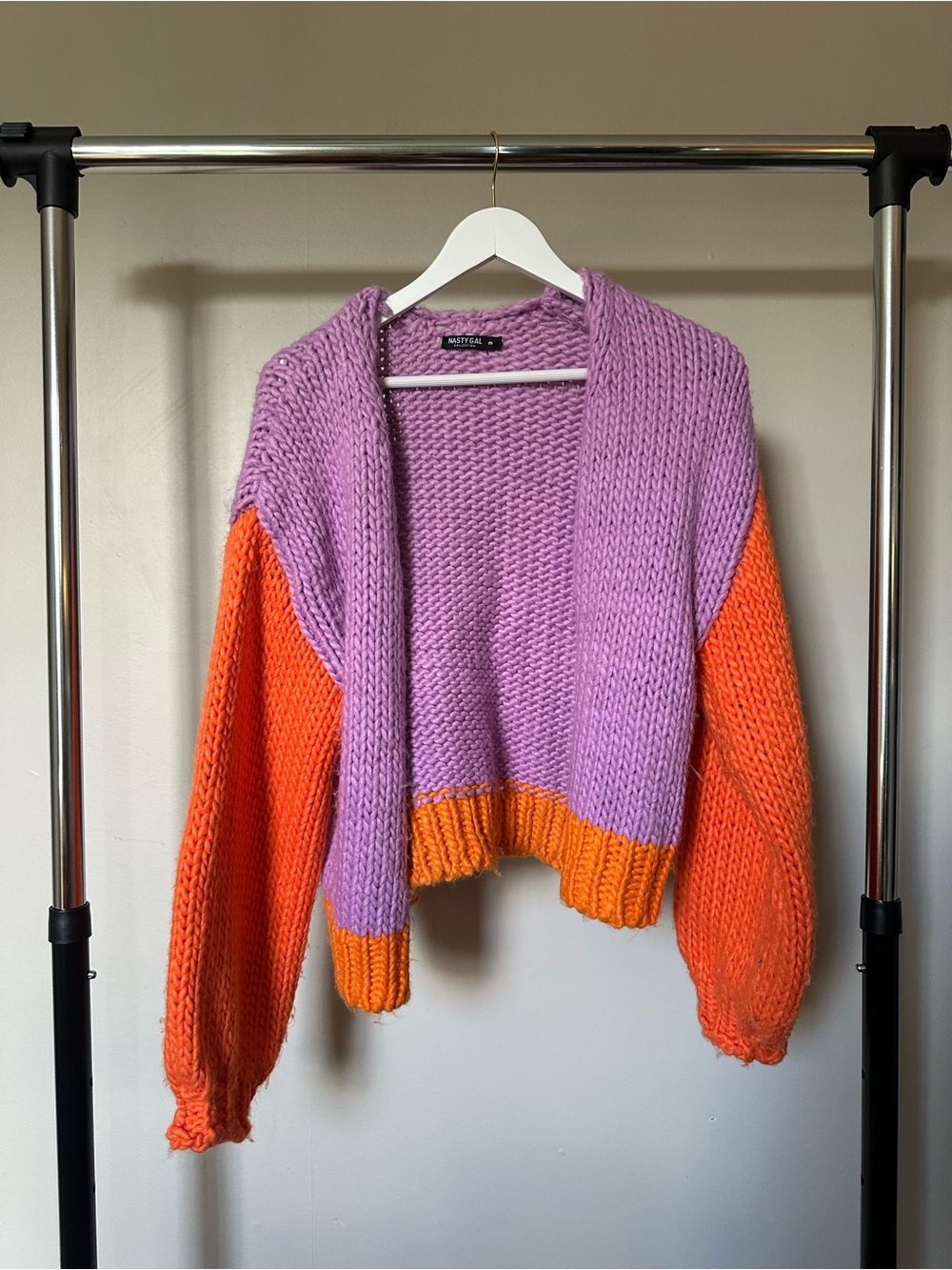 Nasty Gal Lavender & Bright Orange Colorblock Chunky Open Cardigan
